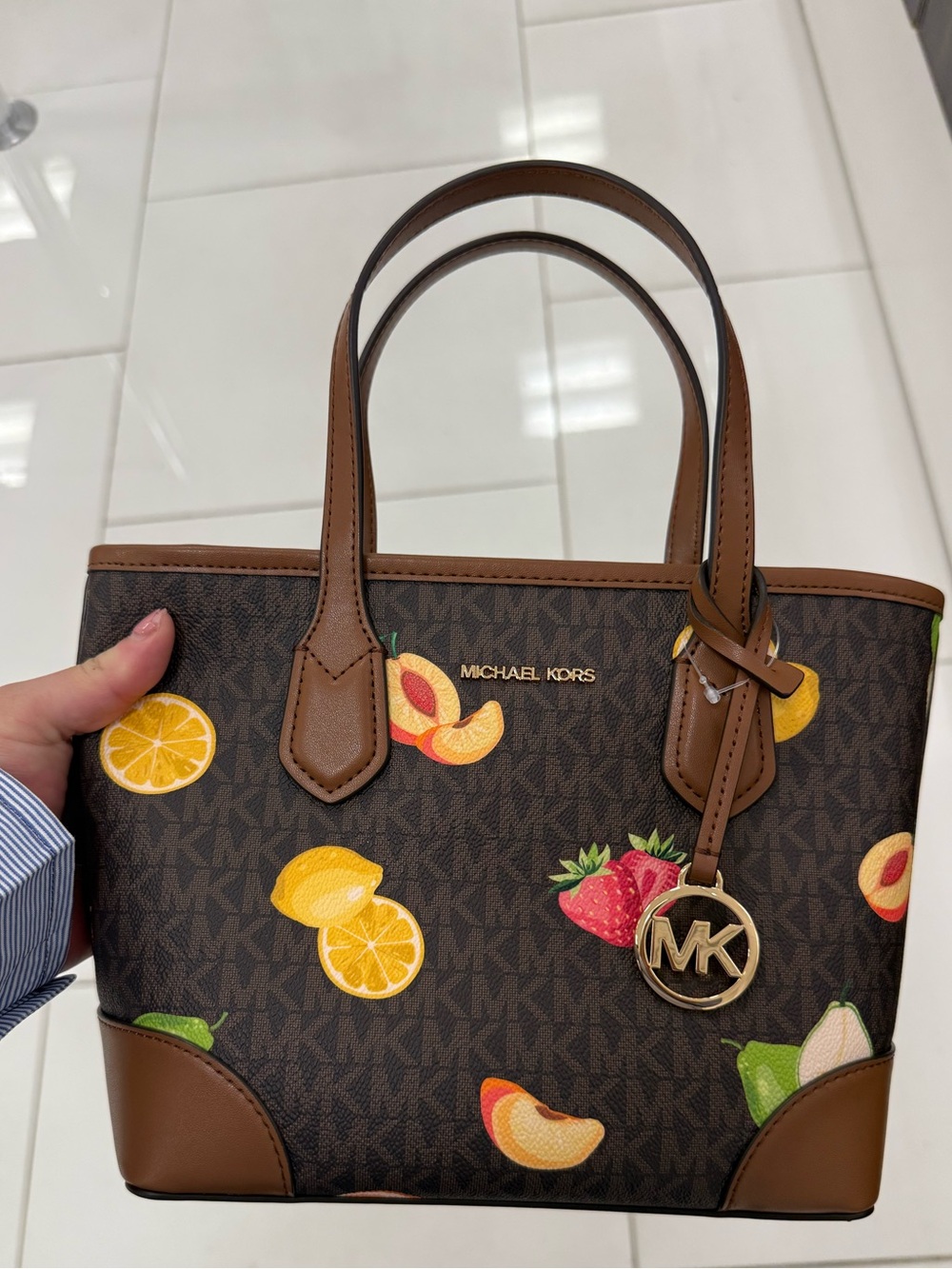 Michael Kors Brown Logo Mini Tote with Colorful Fruit Print - Picture 3 of 3